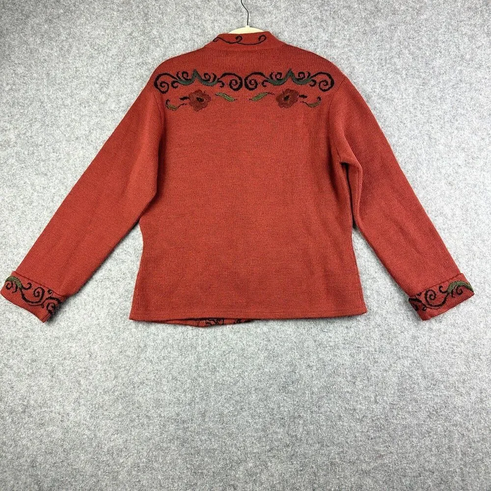 Caamano Sweater Womens L Alpaca Floral Embroidered Full Zip Cardigan Terracotta